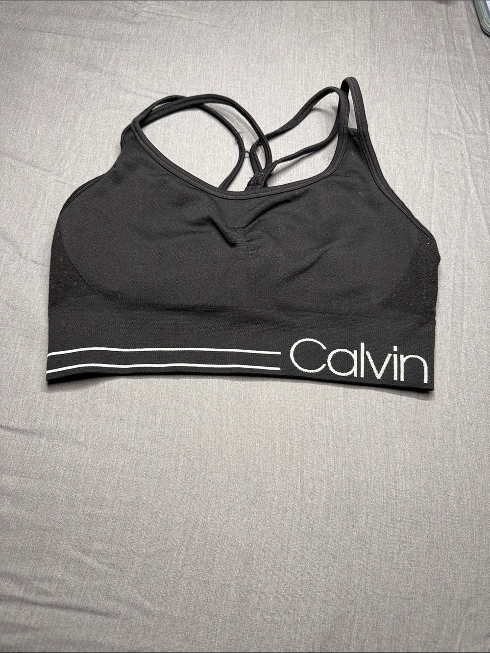 Calvin Klein Black Strappy Seamless Sports Bralette with White Logo Band